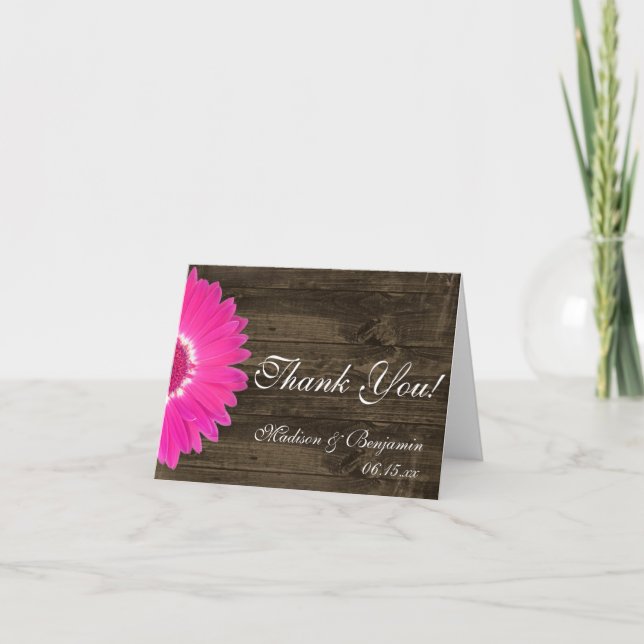 Hot Rose Daisy Rustic Mariage Merci Cartes (Devant)