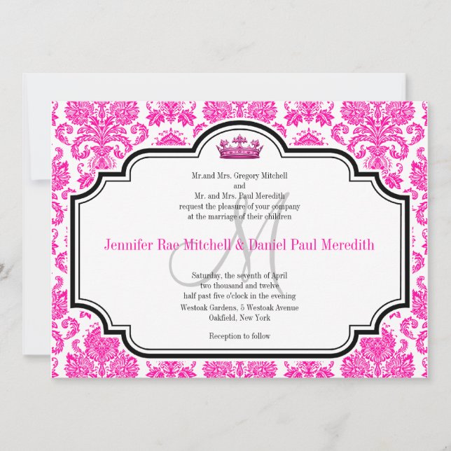 Hot rose Damask Noir Blanc Mariage Invitations (Devant)