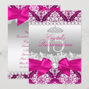 Hot rose Damask & Pearl Bow Quinceanera Invitation