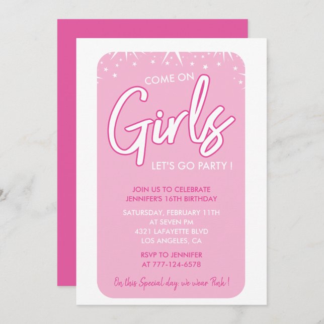 Hot rose doux 16 invitations moderne girly (Devant / Derrière)
