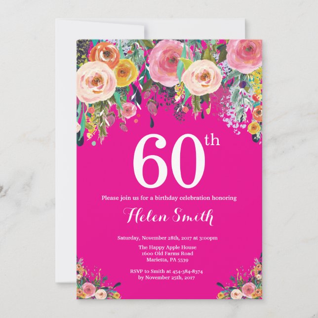 Hot rose Floral 60e anniversaire Invitation (Devant)