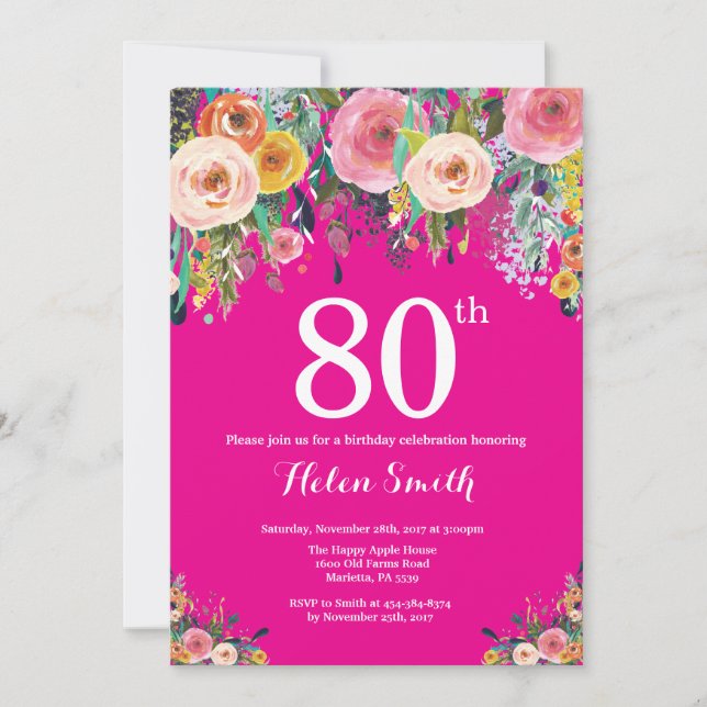 Hot rose floral 80e anniversaire Invitation (Devant)
