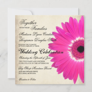 Hot rose Gerber Daisy Rustic Wedding Invitations
