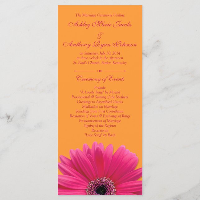 Hot rose Gerbera Daisy Orange Wedding Programme (Devant)