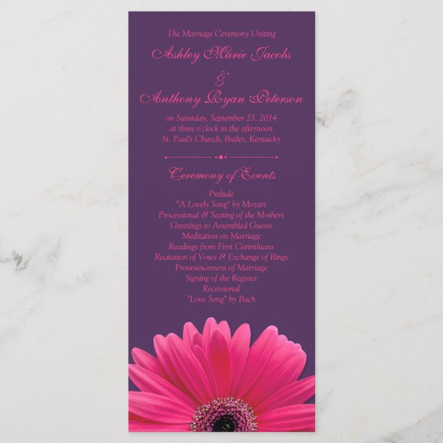 Hot rose Gerbera Daisy Purple Wedding Programme (Devant)