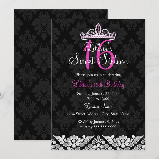 Hot rose noir Damask & Tiara Sweet 16 Invitation (Devant / Derrière)