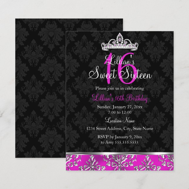 Hot rose noir Damask Tiara Sweet 16 Invitation (Devant / Derrière)
