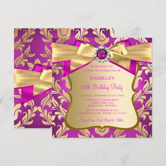 Hot rose or Damask Bow Invitation de fête d'annive (Devant / Derrière)