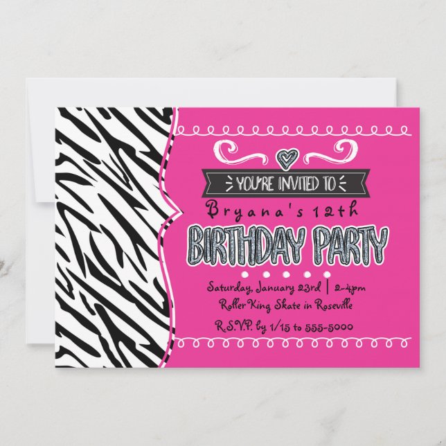 Hot Rose & Zebra Girls Invitations de fête d'anniv (Devant)