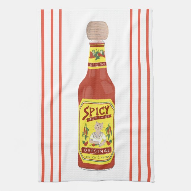 HOT SAUCE Spicy Cat red stripe Kitchen Towel (Vertical)