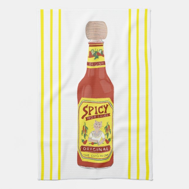 HOT SAUCE Spicy Cat Yellow stripe Kitchen Towel (Vertical)