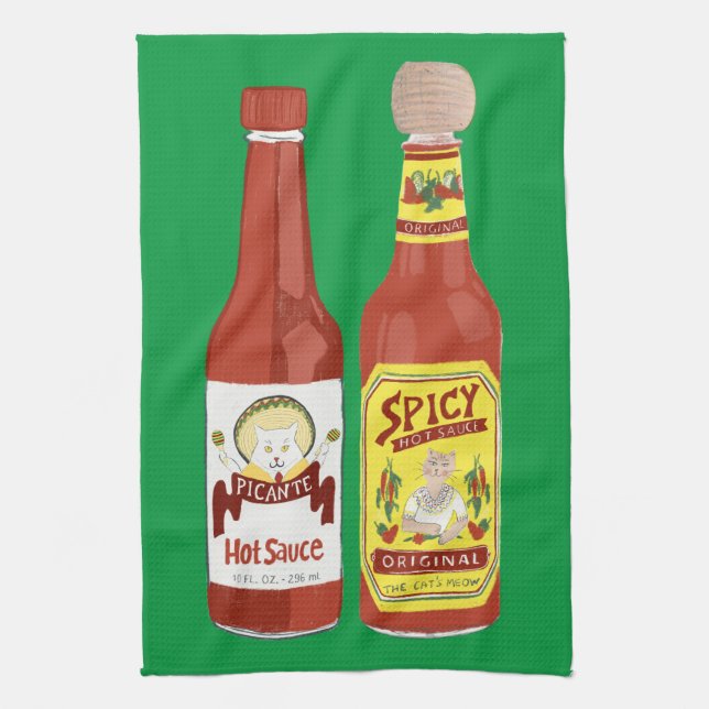 HOT SAUCES Spicy Cat Picante Green Kitchen Towel (Vertical)