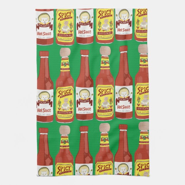 HOT SAUCES Spicy Cat Picante Green Kitchen Towel (Vertical)