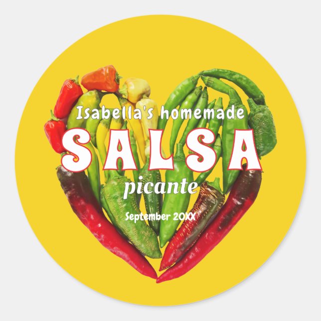 Hot spicy Salsa chili peppers heart mustard food Classic Round Sticker (Front)