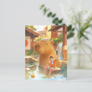 Hot Spring Moment: Giant Capybara Selfie Art Postcard