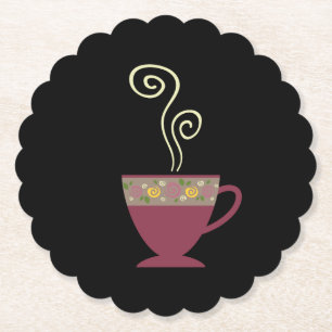 Hot steaming cup of tea/coffee in black paper coaster