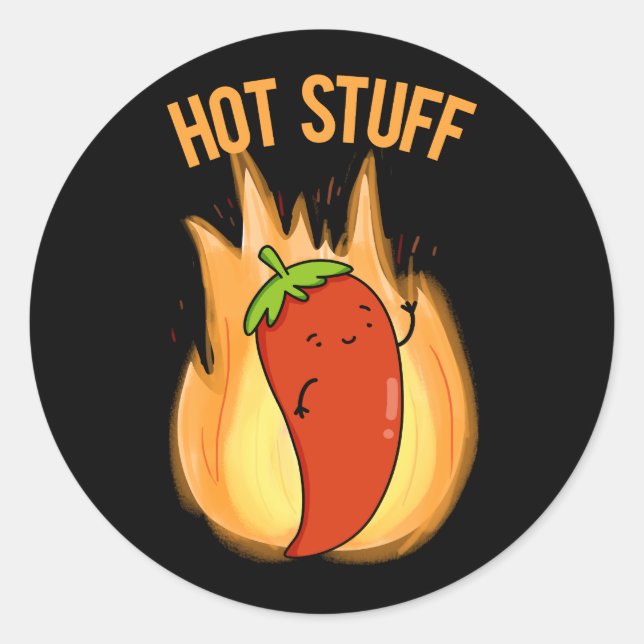 Hot Stuff Funny Red Hot Chili Pepper Pun Dark BG Classic Round Sticker (Front)