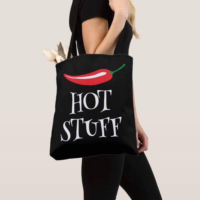 Hot Stuff funny spicy red chili pepper shoulder Tote Bag (Close Up)