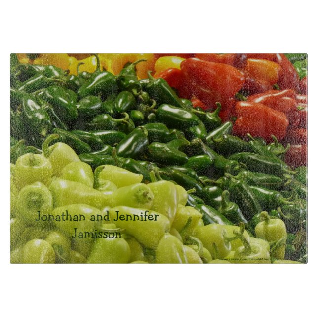 Hot Stuff Peppers Personalized Name Glass Cutting Board (Front)