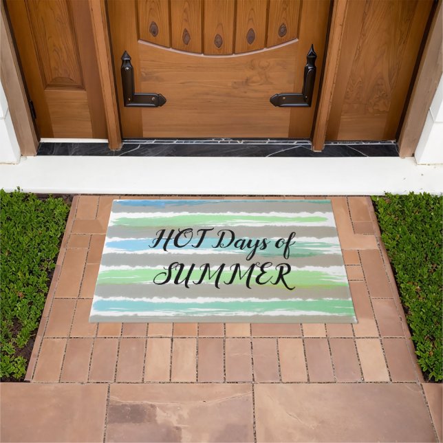 Hot Summer Blue Grey Green Watercolor Stripes Doormat (Outdoor)