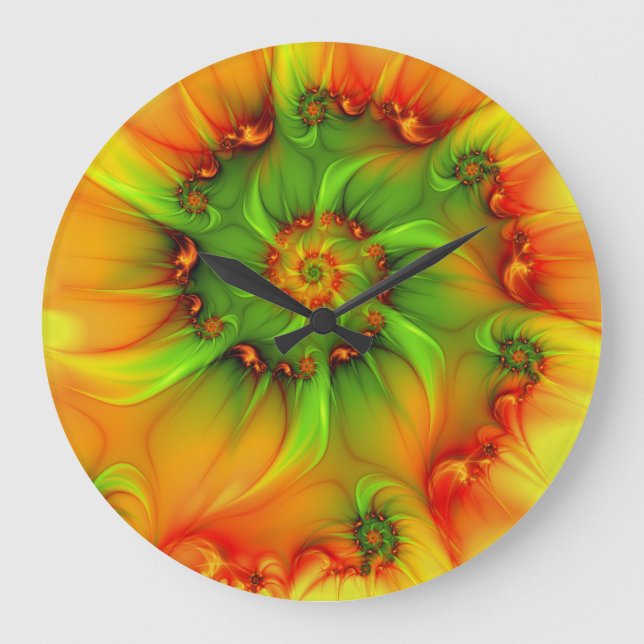 Hot Summer Green Orange Abstract Colourful Fractal Large Clock (Front)