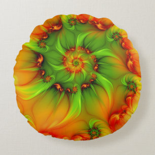 Hot Summer Green Orange Abstract Colourful Fractal Round Pillow