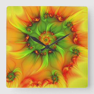 Hot Summer Green Orange Abstract Colourful Fractal Square Wall Clock