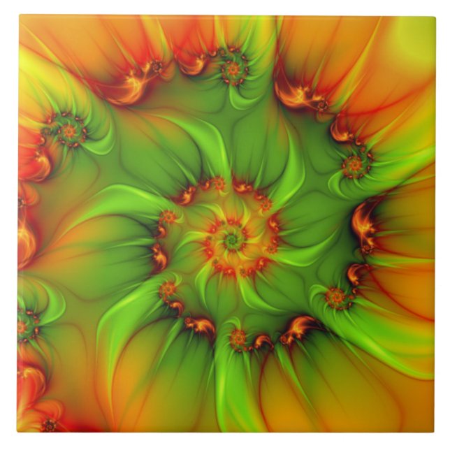 Hot Summer Green Orange Abstract Colourful Fractal Tile (Front)