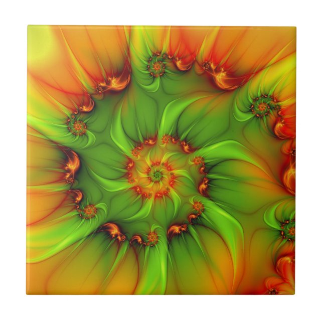 Hot Summer Green Orange Abstract Colourful Fractal Tile (Front)