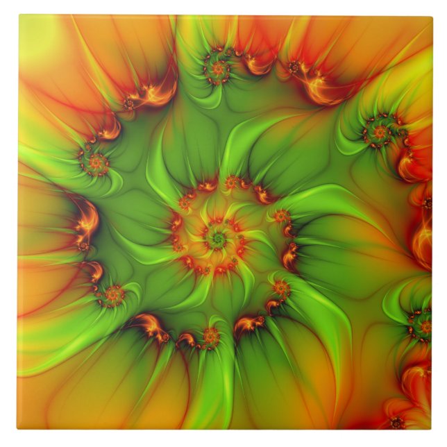 Hot Summer Green Orange Abstract Colourful Fractal Tile (Front)