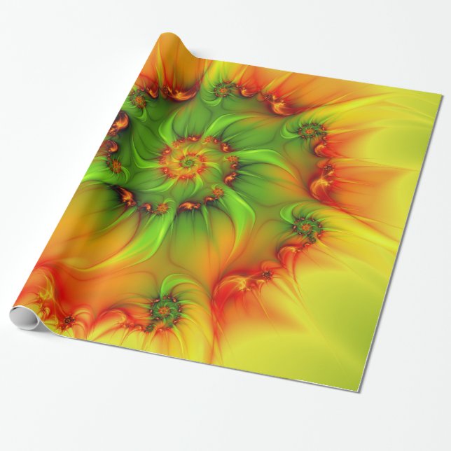 Hot Summer Green Orange Abstract Colourful Fractal Wrapping Paper (Unrolled)