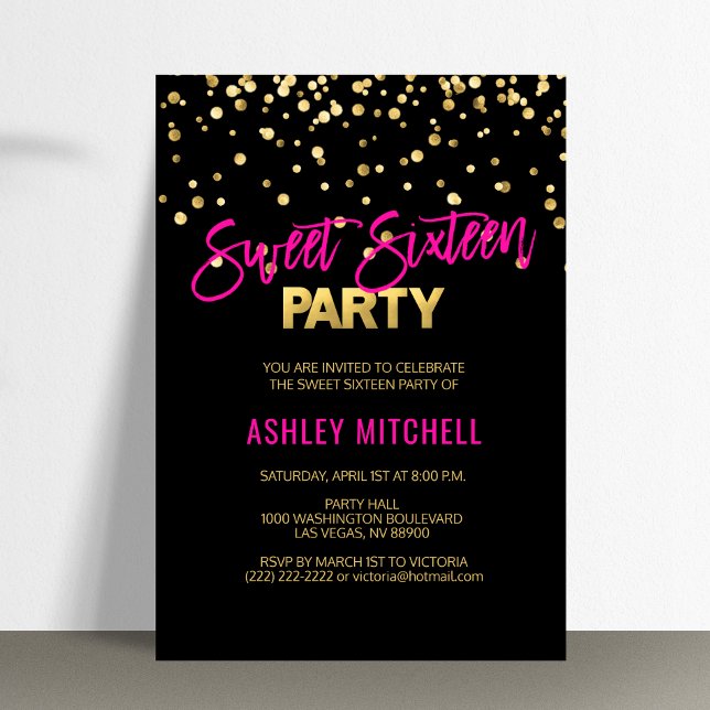 HOT SWEET SIXTEEN d'or rose 16 parties Invitations (HOT Pink Gold SWEET SIXTEEN 16 Party Invitations)