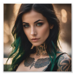 Hot Tattoo Girl Black Green Ombre Hair Photo Print