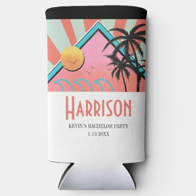 Hot Tropical Beach Bachelor Party Seltzer Can Cooler (Front)