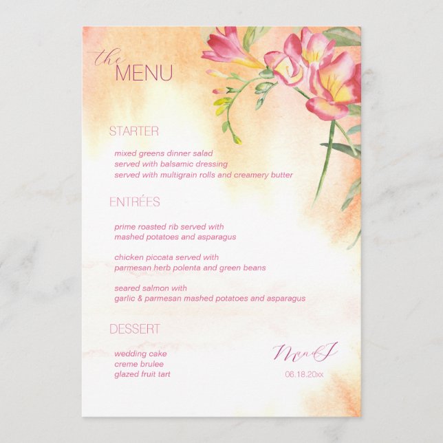Hot Tropical Freesia Watercolor Menu (Front)