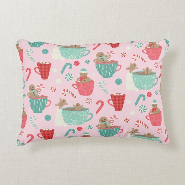 Hot Tub Gingerbread Cute Pink Hot Cocoa Pattern Accent Pillow (Front)