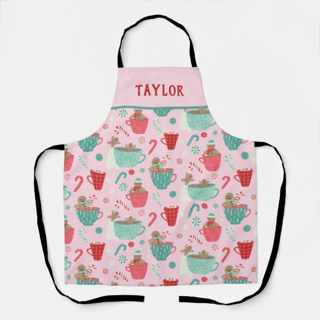 Hot Tub Gingerbread Cute Pink Hot Cocoa Pattern Apron (Front)