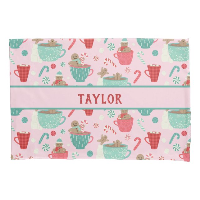 Hot Tub Gingerbread Cute Pink Hot Cocoa Pattern Pillowcase (Front)