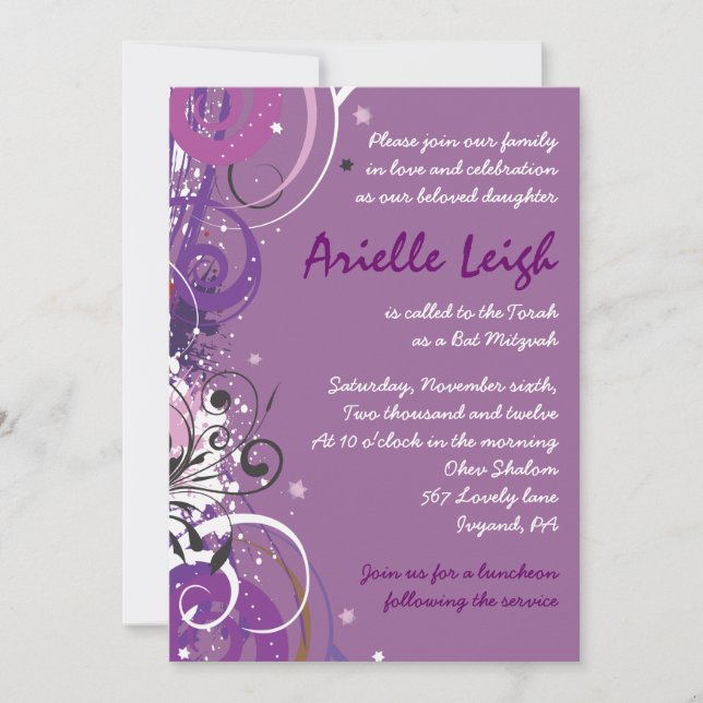 Hot Violet Swirls Stars Bat Mitzvah Invitation (Front)