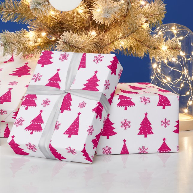 Hot White & Pink Winter Christmas Tree Wrapping Paper (Holidays)