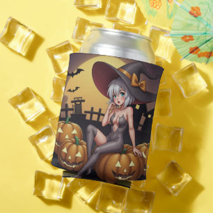 Hot Witch in Halloween Pumpkin Patch Can Cooler
