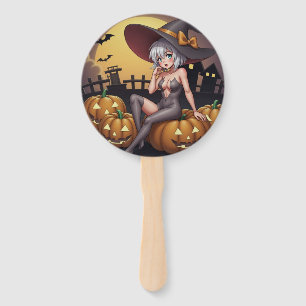 Hot Witch in Halloween Pumpkin Patch Hand Fan