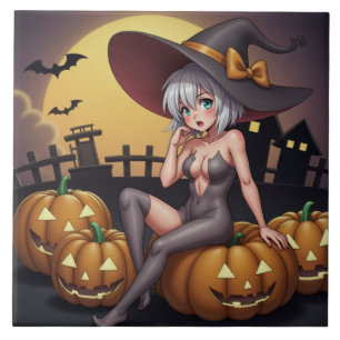 Hot Witch in Halloween Pumpkin Patch Tile