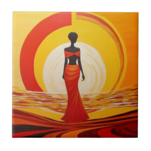 Hot yellow orange red african woman art painting tile