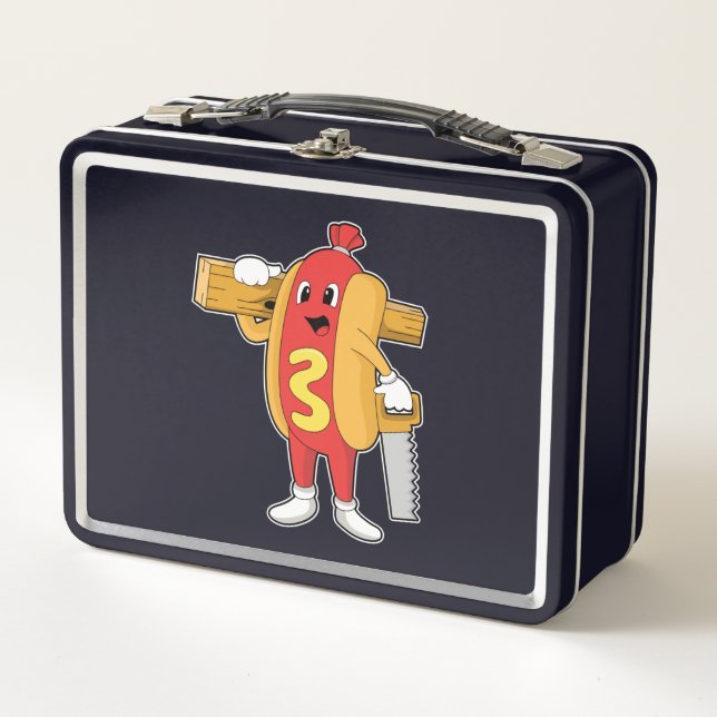 Hotdog as Carpenter with Saw & Wood Metal Lunch Box (Front)