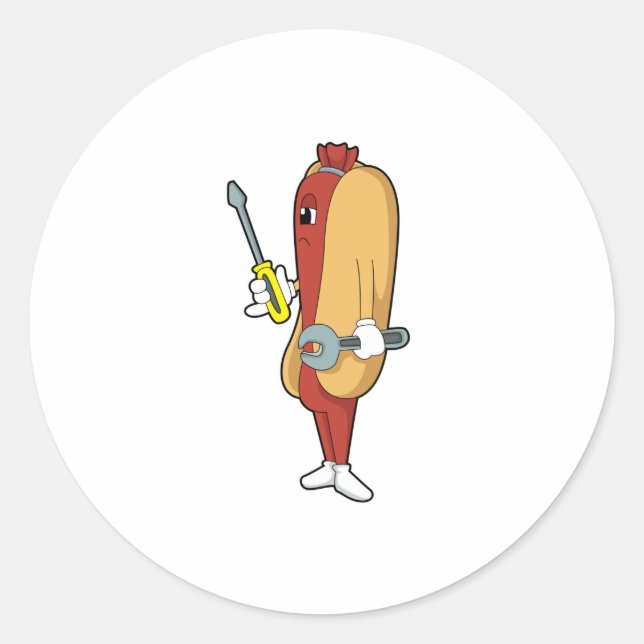 Hotdog as Mechanic with Tool Classic Round Sticker (Front)