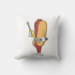 Hotdog as Mechanic with Tool Throw Pillow