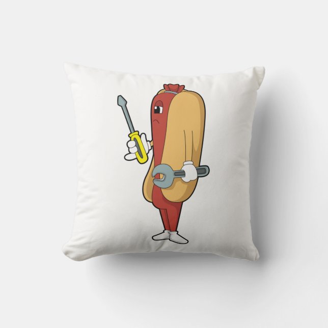 Hotdog as Mechanic with Tool Throw Pillow (Front)