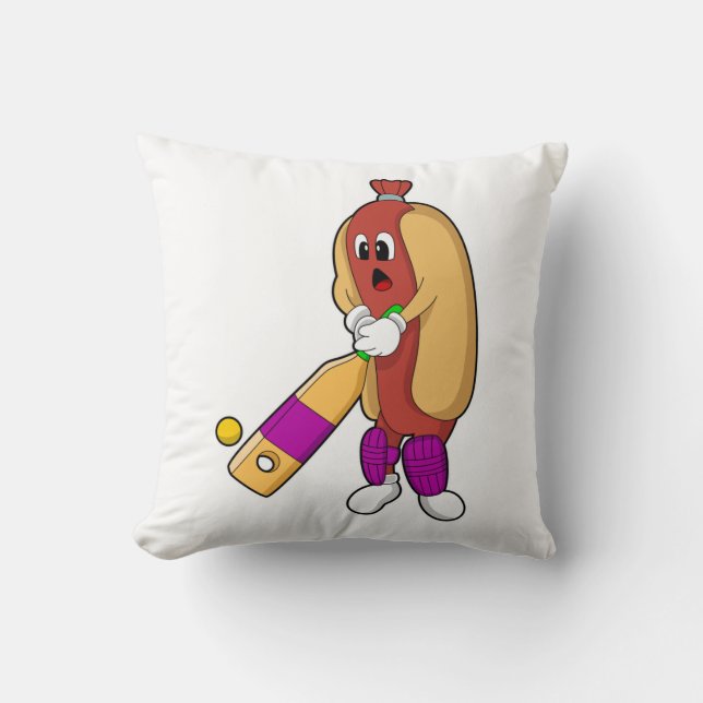 Hotdog at Cricket with Cricket bat Throw Pillow (Front)