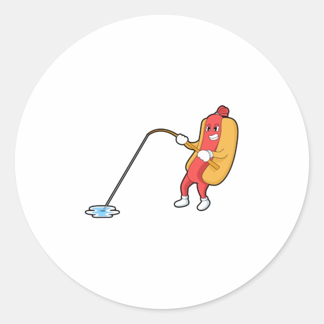 Hotdog at Fishing with Fishing rod Classic Round Sticker (Front)